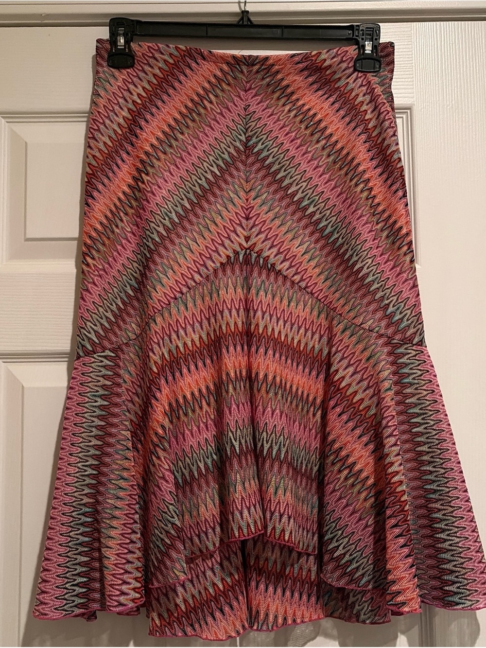 New York & Company Pink Chevron High-Low Flared Skirt
